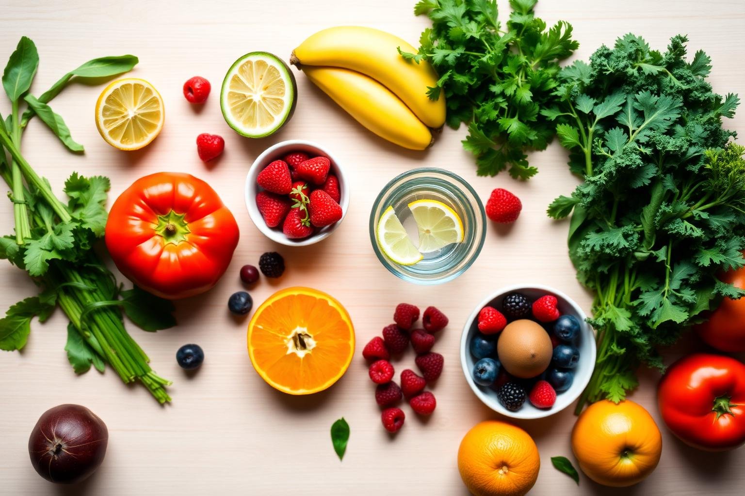 Alimentos frescos, coloridos e naturais dispostos sobre uma mesa